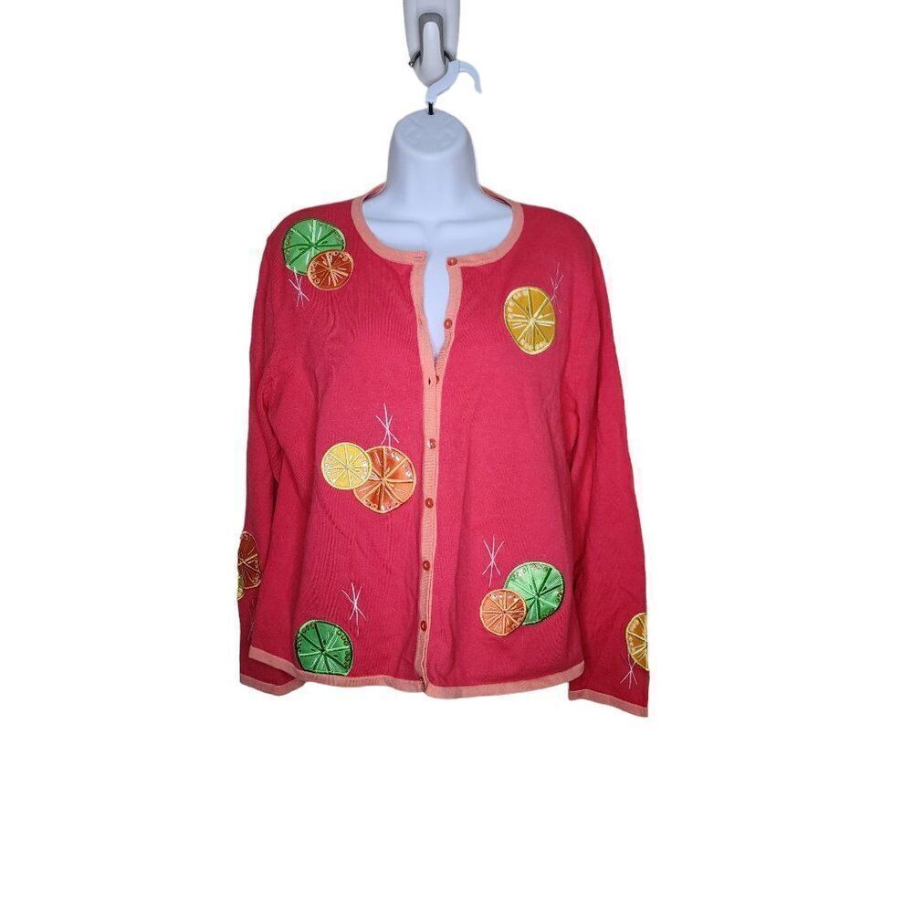 Vintage 90s Tiara Fruit Cardigan Sweater Citrus Slices Womens Size L Pink